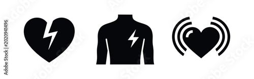 Obraz na płótnie Set of black minimalist icons representing heart attack symptoms, chest pain, and cardiac health issues on a clean white background