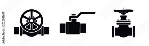 Fotografie Set of three black industrial valve icons featuring gate and ball valves, isolated on a white background for plumbing, gas, and oil pipeline designs