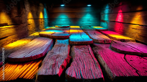 Vibrant Wood Display with Unique Lighting, Textured Plank Surface, Colorful Illumination, Abstract Art Background Design