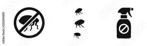 Fotografía Minimalist black and white icons for flea pest control, featuring a prohibited flea sign, multiple fleas, and an insecticide spray bottle