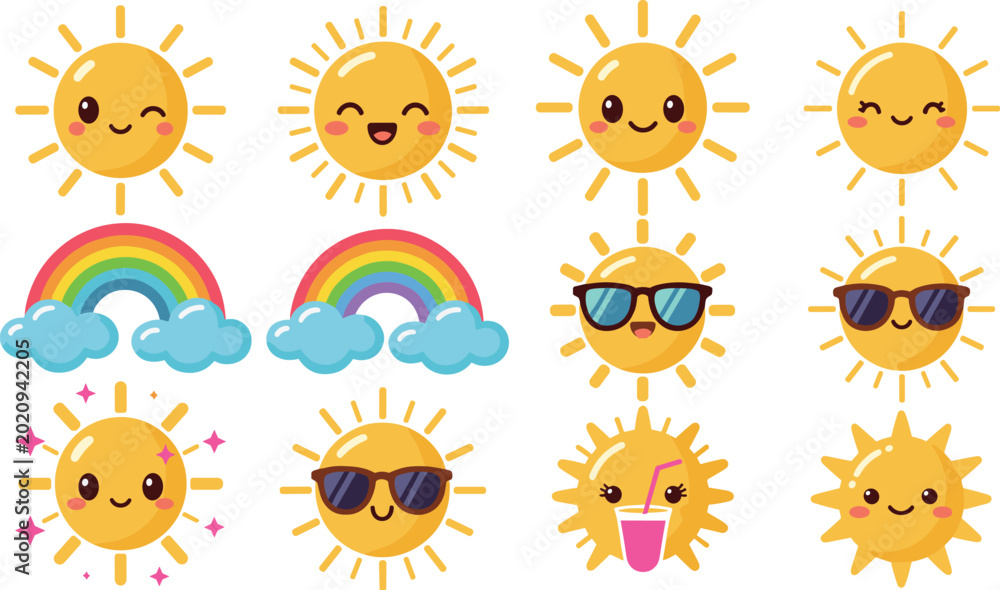 Fototapeta premium Cute Cartoon Summer Sun Mascot Character Set Featuring Happy Smiling Sunglasses Sunshine Vectors and Colorful Rainbows with Blue Clouds for Kids Graphic Designs