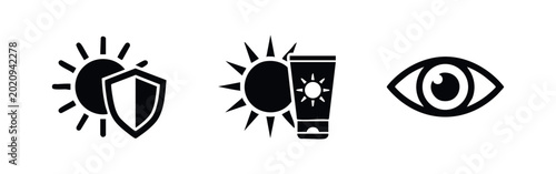 Photos Black sun protection icons set featuring UV shield, sunscreen tube, and human eye symbol