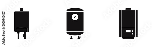 Photography Black silhouette icons of home water heaters, gas boilers, and storage tanks for HVAC and plumbing design, isolated on white