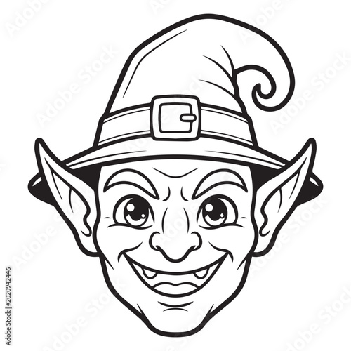 Картината върху платно Black and white illustration of a smiling elf face with pointy ears and a hat