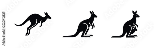 Εκτύπωση καμβά A set of three black kangaroo silhouettes including jumping, standing, and a mother with a joey in her pouch, isolated on a white background