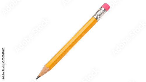 A simple classic yellow wooden graphite pencil with a pink rubber eraser tip tool isolated on transparent background