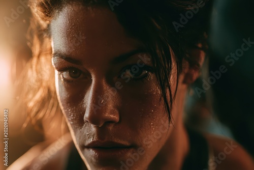 Intense close-up portrait of a determined woman with sweat glistening on her face after a strenuous workout session.