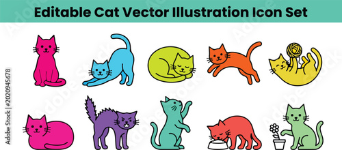 Colorful Cat Vector Illustration Icon Set featuring Cute Pets in Sleeping, Jumping, Playing, and Sitting Poses