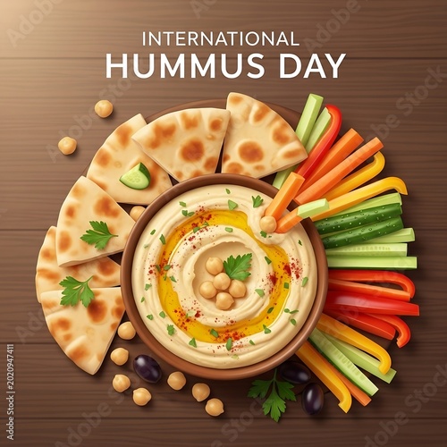 International hummus day celebration with a bowl of hummus dip and vegetables and pita bread on a wooden table