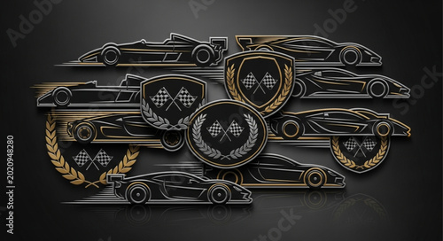 Collection of racing car emblems and awards on a dark background.