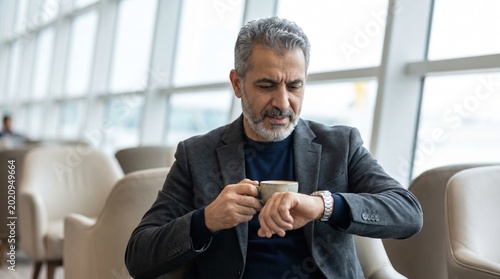 Middle-aged man with gray hair checks his watch while holding a coffee cup, seated in a modern airport lounge with large windows and comfortable seating