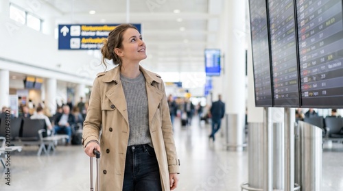 Female traveler with suitcase looks up at flight information display board inside a modern airport terminal with seating areas and passengers in the background