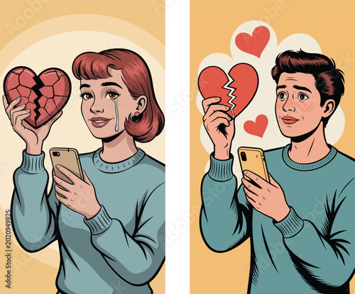 Couple Holding Broken Heart Mobile Dating Relationship Illustration. Pop Art Couple Holding Broken Hearts and Smartphones Vector Illustration.