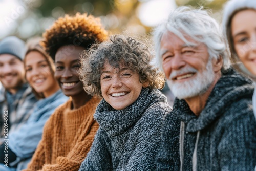 A diverse group of happy friends of different ages and ethnicities enjoying a sunny day outdoors together.