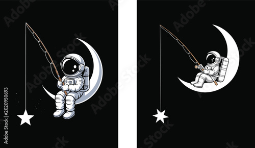 Cute Astronaut Fishing on Moon Cartoon Space Illustration