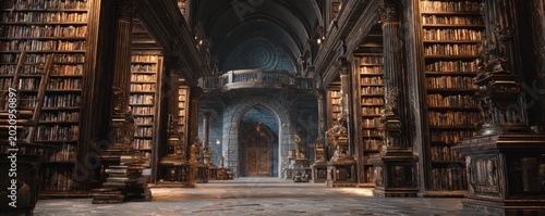 Grand Library Interior with Tall Bookshelves and Ornate Architecture.