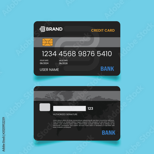 Foto Premium credit card mockup, dark design, world map, security chip, bank logo, user name, issue and valid dates, financial