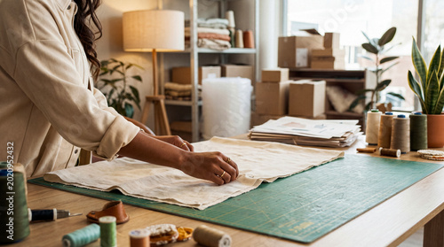 Tableau sur toile Woman meticulously measuring and cutting fabric at her home studio desk, showcasing handmade craft and textile design