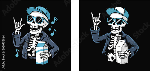 Funny Skeleton Drinking Coffee Cartoon Music Lover Illustration
