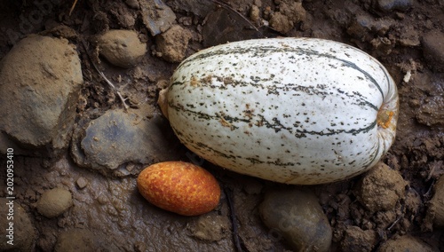 A Ripe Papaya and a Striped Gourd Resting on the Earthy Ground.