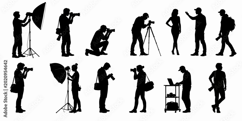 Fototapeta premium Photographers and models pose together outdoors with equipment and tripods capturing moments