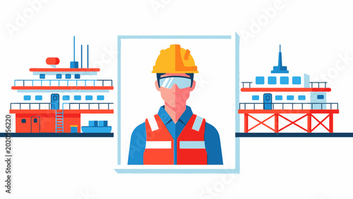 Vector illustration of a marine engineer or offshore worker in safety gear, with offshore platforms and vessels, representing the maritime industry.