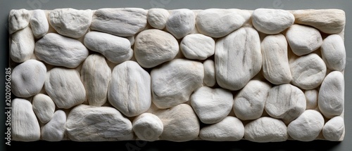 Irregularly shaped, smooth, off-white stones are tightly fitted together to form a textured wall surface