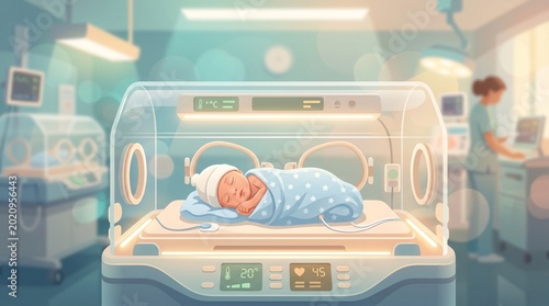 Newborn baby in an incubator, a premature infant receiving medical care in a hospital neonatal intensive care unit. NICU illustration, healthcare technology, and early life support.