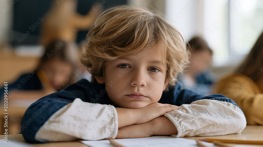 Fototapeta premium Gifted elementary student slumped over completed worksheet while classmates still working, chin resting on forearms with distant bored expression, teacher occupied at chalkboard, afternoon overcast 