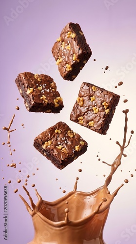 Delicious chocolate brownies with nuts and chocolate sauce flying in air on purple background