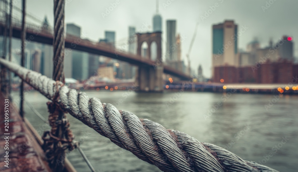 Naklejka premium New York City Skyline with Brooklyn Bridge and Harbor Rope.