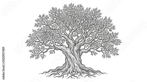 Hand drawn olive tree illustration with gnarled trunk and roots