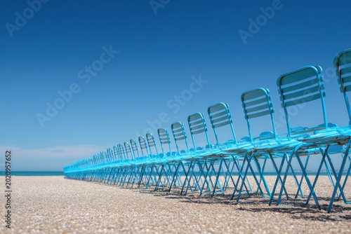 Row of Blue Chairs on a Sandy Beach Under a Clear Blue Sky.