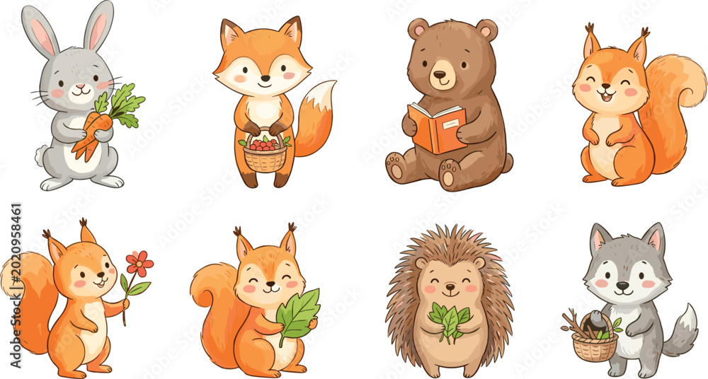 Obraz premium Cute Woodland Forest Animal Character Collection with Rabbit Fox Bear Squirrel Hedgehog and Wolf in Adorable Cartoon Vector Illustration Style