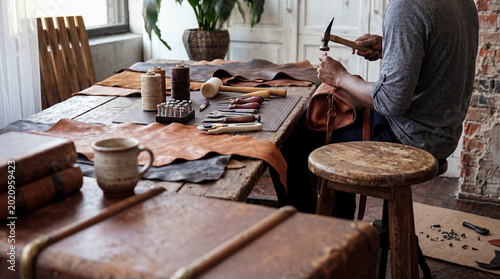 Fotografie Skilled artisan meticulously crafting a custom leather bag in a rustic workshop setting