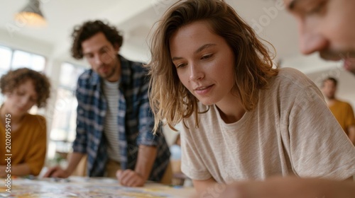 Group of four young people, two men and two women, gathered around a table and working together on a project.