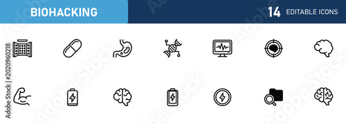 Photos Set of 14 outline icons related to biohacking