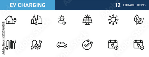 Set of 12 outline icons related to Ev charging. Icon collection. Editable stroke. Vector illustration