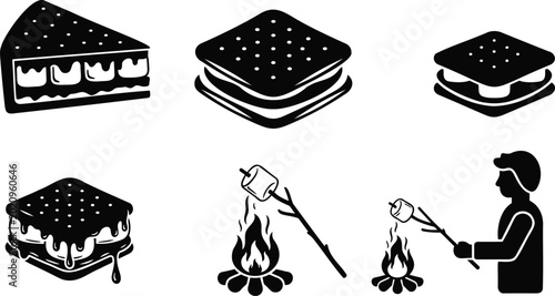 Quadro su tela Roasted marshmallow and smores vector silhouettes for camping snacks illustration line art