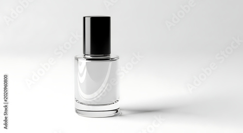 Clear glass nail polish bottle with a black cap and subtle white curved on a light grey background with soft shadow