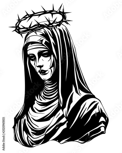 Fotografija Sorrowful gothic nun with crown of thorns dark religious tattoo style black and
