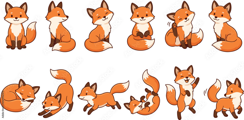 Fototapeta premium Cute Fox Character Mega Collection Featuring Playful Sitting Sleeping Running Dancing and Smiling Woodland Animals in Cartoon Vector Illustration Style