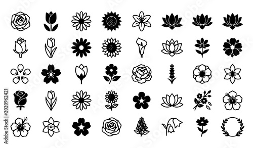 Collection of minimalist spring flower icons with outline and solid silhouette shapes including chamomile sunflower iris and hibiscus blooms for logo tattoo wedding design.