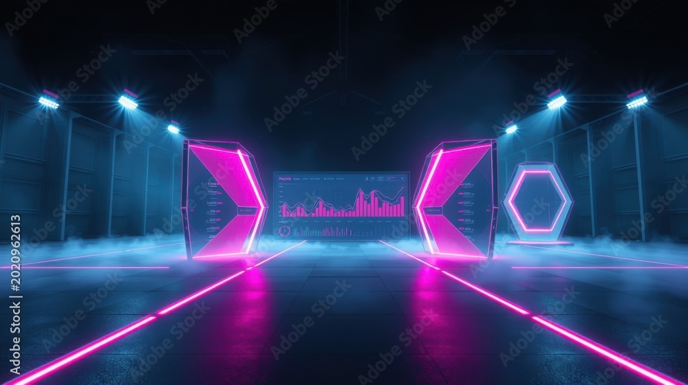 Fototapeta premium Futuristic corridor. Neon lights illuminate dark space. Fog creates dramatic effect. Digital display visible. Minimalist design.