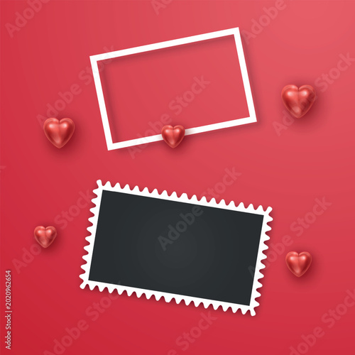 Valentine's Day greeting background with two blank scalloped photo frames and realistic 3D red hearts on red background
