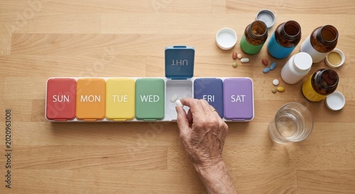 Flat lay of elderly hands organizing a full rainbow weekly pill dispenser with colorful medication. Senior healthcare routine daily vitamins management home medical support polypharmacy schedule