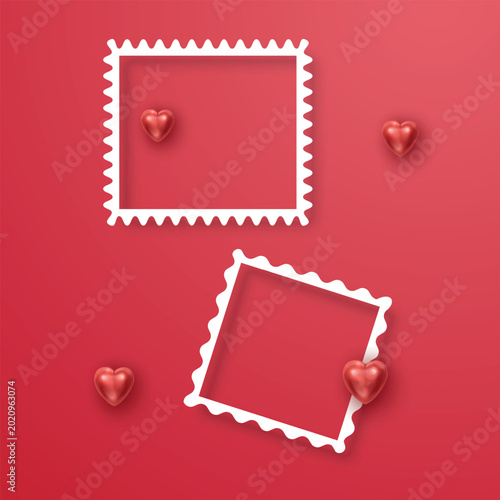 Valentine's Day greeting background with two blank scalloped photo frames and realistic 3D red hearts on red background
