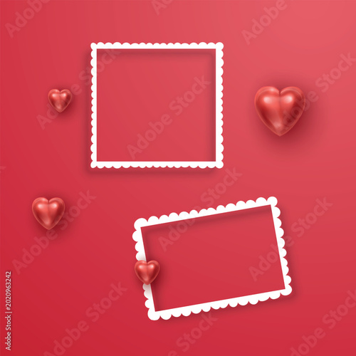 Valentine's Day greeting background with two blank scalloped photo frames and realistic 3D red hearts on red background