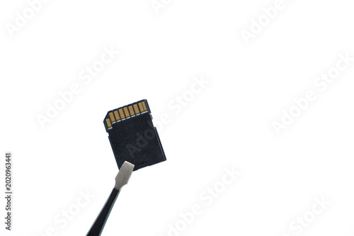 Close-up of an SD memory card gripped by tweezers on a white background, symbolizing data storage, file transfer, digital backup and electronics repair for technology and IT concepts.