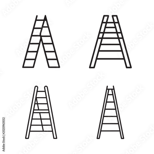 Four different types of ladders in black line art on white background for climbing and construction needs  various ladder designs